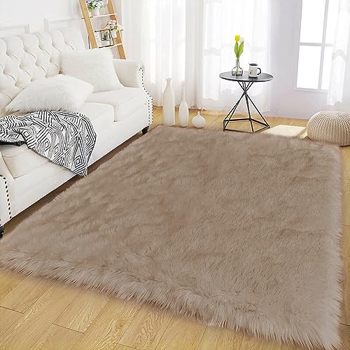 Latepis Shag Area Rugs 4x6 Machine Washable Faux Fur Rug Brown Beige Fluffy Carpet for Living Room Shaggy Plush Rug for Bedroom Floor Home Decor Rectangle