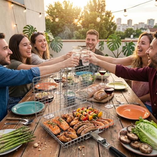 Grill Basket for Outdoor with Removable Handle,Stainless Steel BBQ Camping Cooking Accessories Tools for Meat Steak Fish Vegetable Shrimp, Gifts for Men Dad Husband — view 5