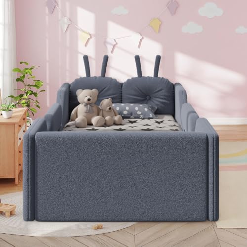 Image of Twin Size Kids Bed with Rabbit Cushions, Upholstered Boucle Fabric Platform Floor Twin Daybed with Removable Side Rail, Space-Saving Wooden Corner Sofa Couch Bed Frame for Girls, Boys, Teenager(Grey)