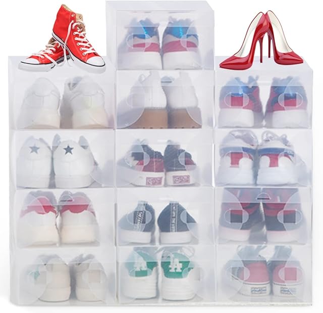 SIYINGSAERY 24 PCS Shoe Storage Boxes Stackable Shoe Box Clear Plastic Shoe Organizer Containers Holder Transparent Shoe Case Foldable Shoe Organiser Box with Lids for Men Women, Fit up to UK Size 7
