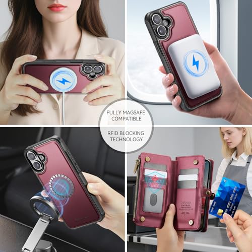 Defencase for iPhone 17 Magnetic Wallet Case Compatible with Magsafe with RFID Blocking Zipper Pocket & Card Holder for Women Men PU Leather Strap Detachable Case for iPhone 17 (6.3 inch), Wine Red by Defencase - Image 4
