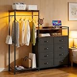 YKVIQBY Dresser with Clothes Rack,58' H Clothing Rack with Fabric Drawers & LED Lights,Clothes Racks for Hanging Clothes,8 Drawers Dresser,Garment Rack for Bedroom with Charging Station,Grey