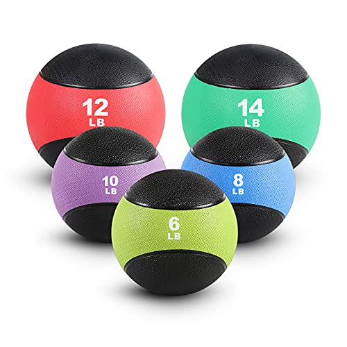 RitFit Weighted Medicine Ball Set - 6LB / 8LB / 10LB / 12LB / 14LB Non-Slip Rubber Shell & Dual Texture Grip - Workout Exercise Ball for Core Strength Balance Training Coordination Fitness