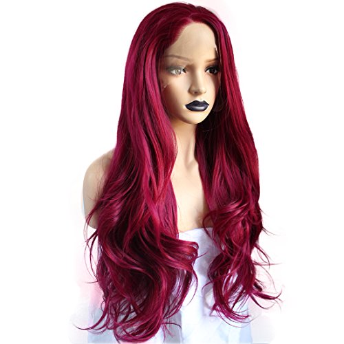 Anogol Hair Cap+Long Wavy Synthetic Front Lace Wig Wine Red Wigs Side Part Half Hand Tied Layered Hairstyles For Women