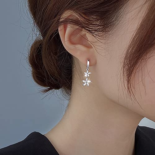 Double Cz Flower Dangle Hoop Earrings For Women Girls 925 Sterling Silver Charms Tiny Rhinestone Daisy Flower Bar Drop Dangling Small Hoop Cartilage Stud Tragus Dainty Fashion Earrings (Silver) #TOP1