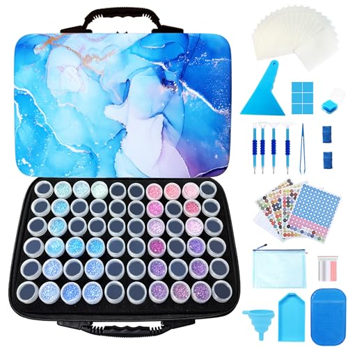 Image of Muzagroo Art Diamond Painting Storage Containers Diamond Art Storage Case with Accessories and Tools Portable Shockproof 60 Slots Organizer Case for Diamond Painting Kits Standard Set (Blue)