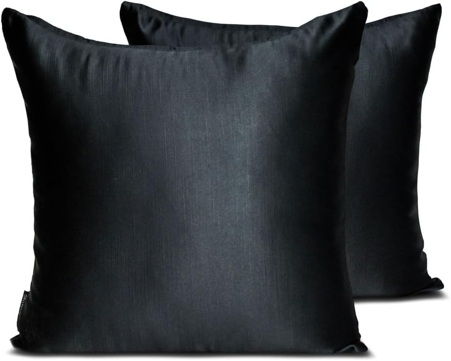 The HomeCentric Decorative Throw Pillow Covers, Black Pack of 2, 14"x14" (35x35 cm) Satin Solid & Slub Satin Cushion Cover for Sofa Couch, Hotels, Living, Bed Room Modern