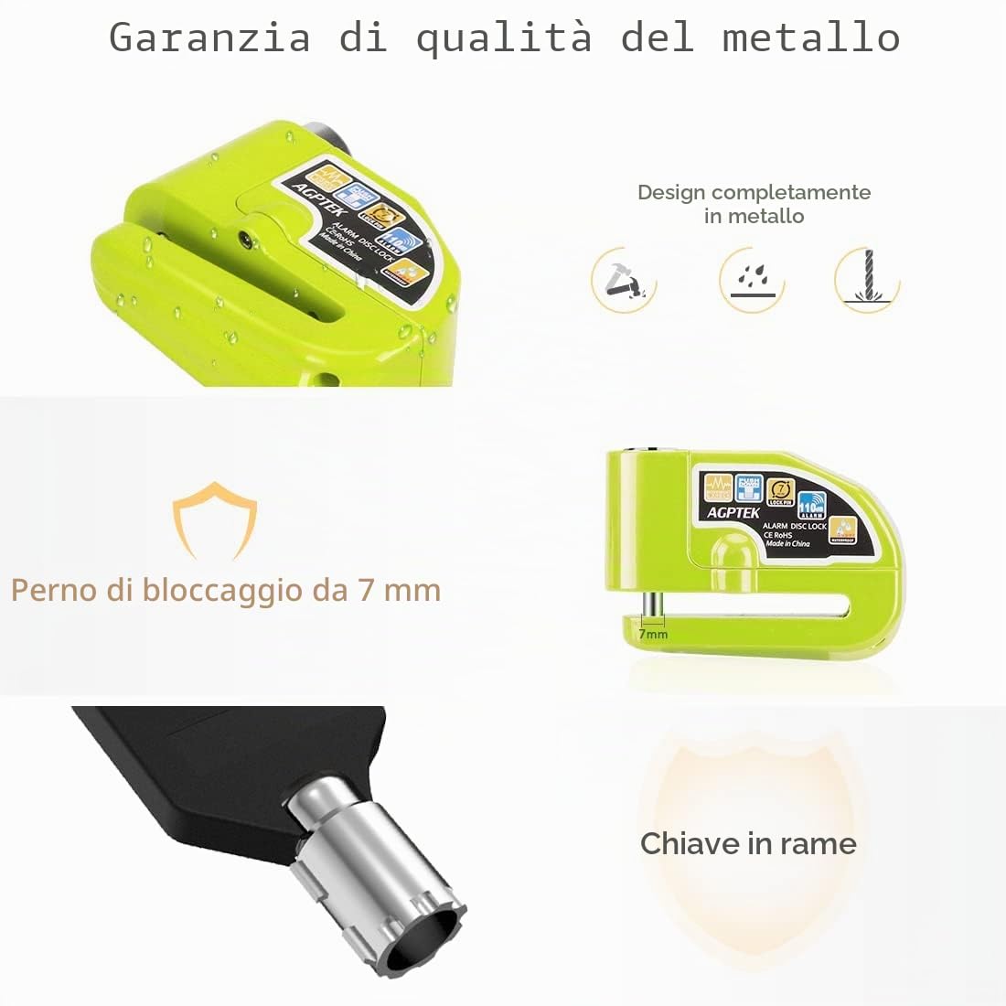 AGPTEK Bloccadisco Antifurto Moto Impermeabile con Allarme Sonoro 110dB, Blocca disco in lega di zinco per moto, bici e monopattino, 2 chiavi e 1,5m Reminder Cavetto