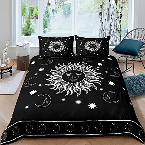 Soleil et Lune Housse de Couette Boho Exotic Parure de Lit 200x200cm pour Enfants Decor Bohemian Celestial Parure Housse de Couette Noir Blanc Hippie Design 3 pièces Zipper