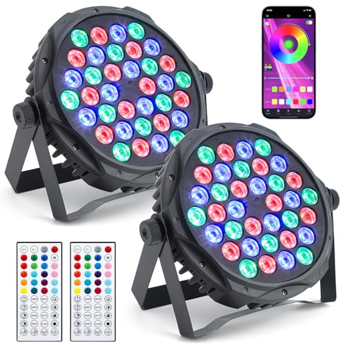 Sepnakgee Bluetooth Party Lights, 36LED Party Light with IR Remote, DJ Lights with Music Sound Activated, Timed Floodlight with Fan Suitable for Family Parties, Music Studio, 2 Packs