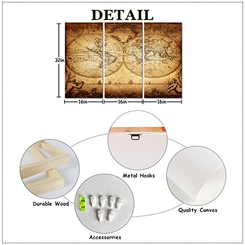 Ilooklike 3 Panels Vintage Map Canvas Prints Wall Art Brown World Map Picture Posters Retro Map Of The World Paintings For Modern Office Classroom Walls Decoration Ready To Hang Each Panel 16X32Inch #TOP4