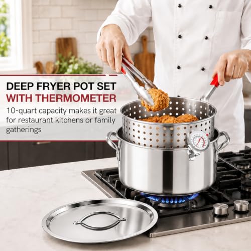 Image of 10 QT Stainless Steel Deep Fryer Pot with Basket Lid Tongs Thermometer
