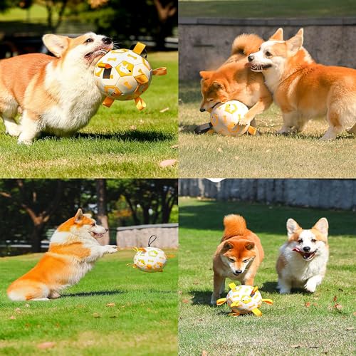 YUEMING Hundespielzeug Ball, Hundefußball mit Griff und Pumpe, Dauerhaft Hundespielzeug für Kleine Mittlere Große Hunde Fußball für Hunde, Wasserspielzeug (Gelb, 15cm)