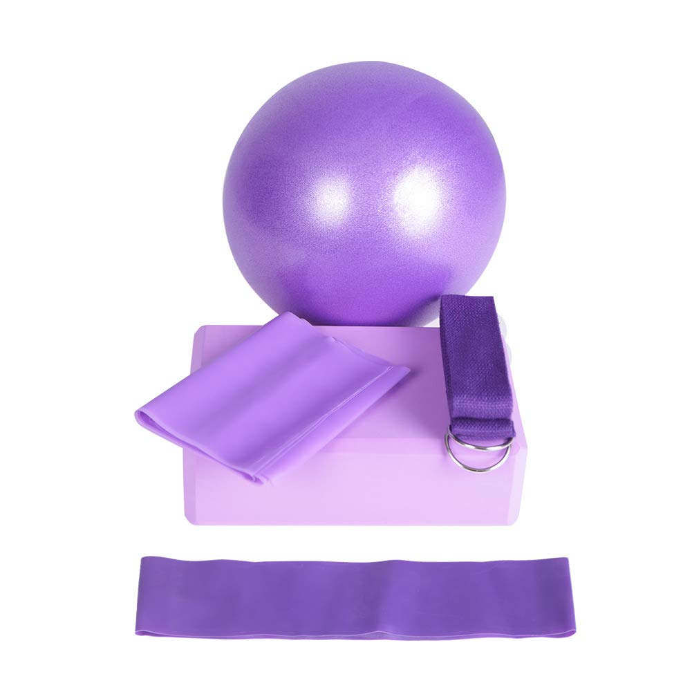 5 Pcs Yoga Beginner Equipment Sets, Essentials Beginners Bundle Accessories Set Include Fitness Mini Ball Pilates Circles Blocks Physical Stretch Strap Resistance Loop Band Exercise Band (purple)