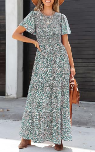 Image of PRETTYGARDEN Women's 2026 Summer Casual Flutter Short Sleeve Boho Floral Maxi Dress Crew Neck Smocked Tiered Long Dresses