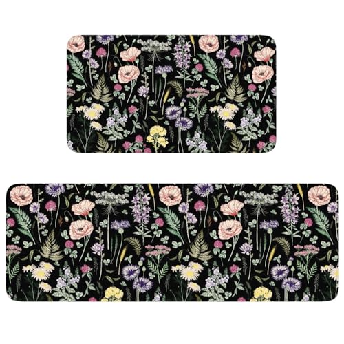 wyoansfhd Black Floral Spring Kitchen Rug Set 2 Piece Non-Slip Kitchen Rugs and Mats, Home Decor Low Profile Kitchen Rugs for Floors 17