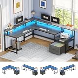 SEDETA L Shaped Desk, 66' Home Office Desk with File Drawer & Power Outlet, Gaming Desk with Led Lights, Corner Computer Desk with Monitor Shelf, Printer Storage Shelves, Two Person Desk, Grey