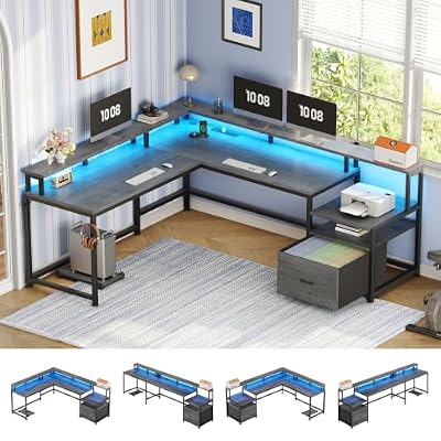 SEDETA 66" Reversible L Shaped Computer Desk with Power Outlet, File Drawer
