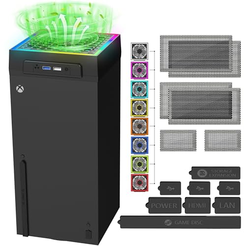 Cooling Fan Dustproof for Xbox Series X Console with Colorful LED Light,Accessory with 6 Dust Cover Filter,8 Rubber Dust Plugs,3 Levels Low Noise Top Fan,Extra 3.0&2.0 USB Port for Series X