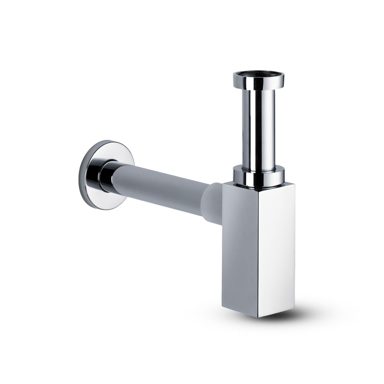 Design Siphon für Waschbecken & Waschtisch – Flaschensiphon Syphon 1 1/4" Universal – Geruchsverschluss mit Reinigungsöffnung – Massives Messing Abflussrohr, Eckig Chrom – Bürstenking