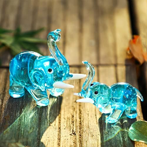 2pcs Hand Blown Glass Elephant Figurines, Art Glass Elephant Animals Collection Craft Home Table Decor Gift, Blue