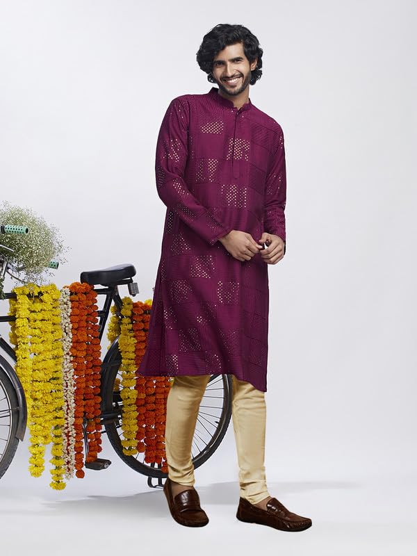 Kisah Men's Kurta Churidar Set, Burgundy Cotton, Embellished Long Sleeves Regular Fit Mandarin Collar (Small)