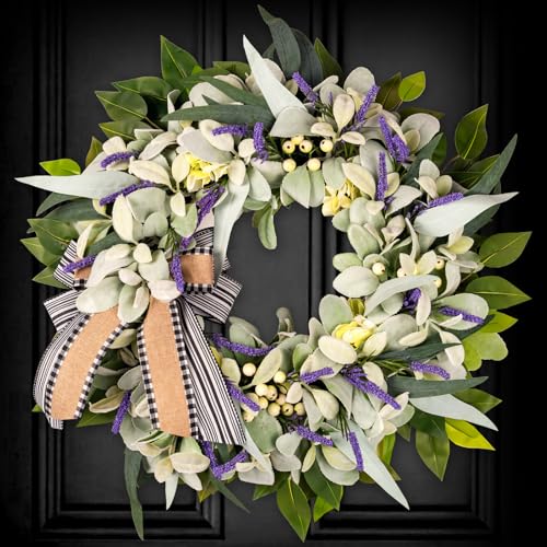 Lambs Ear Wreaths for Front Door All Season Home Decor Pocrh Wall, 20" Green Handmade Farmhouse Spring Summer Wreath with Lavender Bow