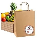 57 Lb Large Kraft Paper Grocery Bags with Handles - 50 Count 12 x 17 x 7 - Durable, Reusable & Eco-Friendly Shopping Bags, Brown Kraft Take-Out Bags for Retail, To-Go, Any Occasion (50, With Handles)