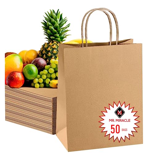 57 Lb Large Kraft Paper Grocery Bags with Handles - 50 Count 12 x 17 x 7 - Durable Reusable & Eco-Friendly Shopping Bags Brown Kraft Take-Out Bags for Retail To-Go Any Occasion (50 With Handles)