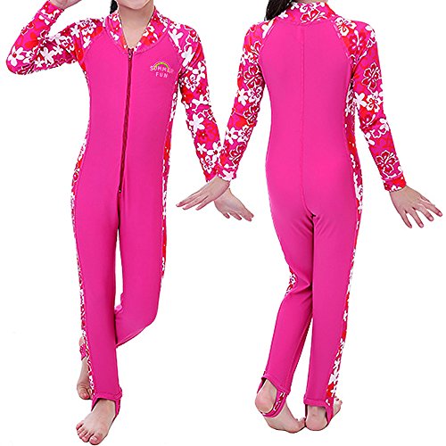 TFJH E 1PCS Girls Long Sleeve Swimsuit UPF 50+ Rashguard 8-10Years HotPink Long
