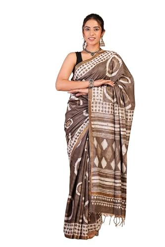 Anuttara Brown Bhagalpuri Cotton Silk Gold Border Dabu Print Hand Block Ethnic Saree With Blouse_AAFS1411-FS