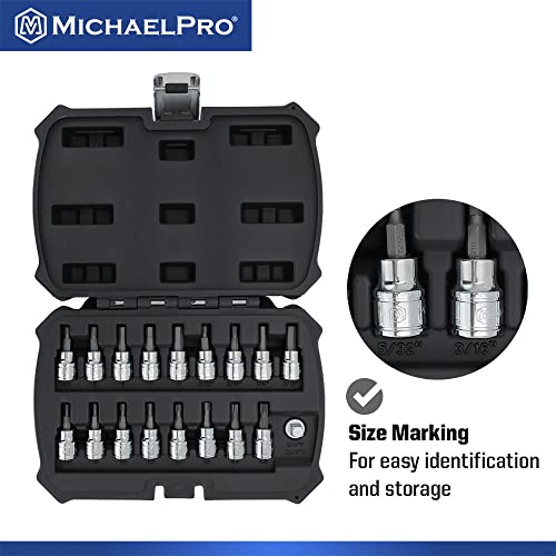 MichaelPro Hex and Torx Bit Socket Set, 18-Piece 3/8 Inch Drive Hex Bits and Torx Bits Set, SAE and Metric Hex Bits Included, Allen Socket Set, Star Bit Socket Set, Socket Adapter with Storage Case - Thumbnail 5