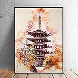 DecoracióN De Pared Foto en lienzo Japón Tokyp Arquitectura antigua Acuarela Arte Lienzo Póster para sala de estar Decoración del hogar Pintura 30x40cm