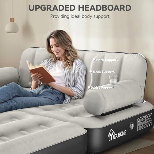 YITAHOME Queen Size Inflatable Sofa Bed with Headboard and Pump, Convertible Blow Up Couch, 2-in-1 Black Air Sofa Bed for Home, Camping, and Guests, Gray by YITAHOME - Image 3
