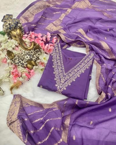 Image of ROYALICA Women's Kurta, Pant & Dupatta Set in Viscose Chanderi & Jute Silk, Ankle Length, 3 /4 Sleeve