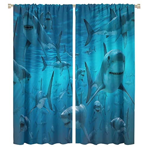 Shark Window Curtains, Ocean White Shark in Deep Sea Underwater World Sea Animals Decorative Curtain Window for Boys Girls Toddler Bedroom Living Room 42x45in