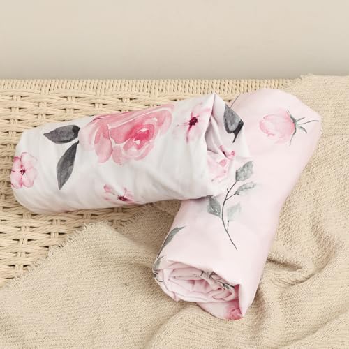 Image of PHF Soft Bassinet Sheet Set, 2 Pack Silky Comfy Breathable Cradle Sheets for Baby Girls, Univeral Fit for Most Oval Rectangle Cradle and Bassinet Mattress /Pad, Pink Floral