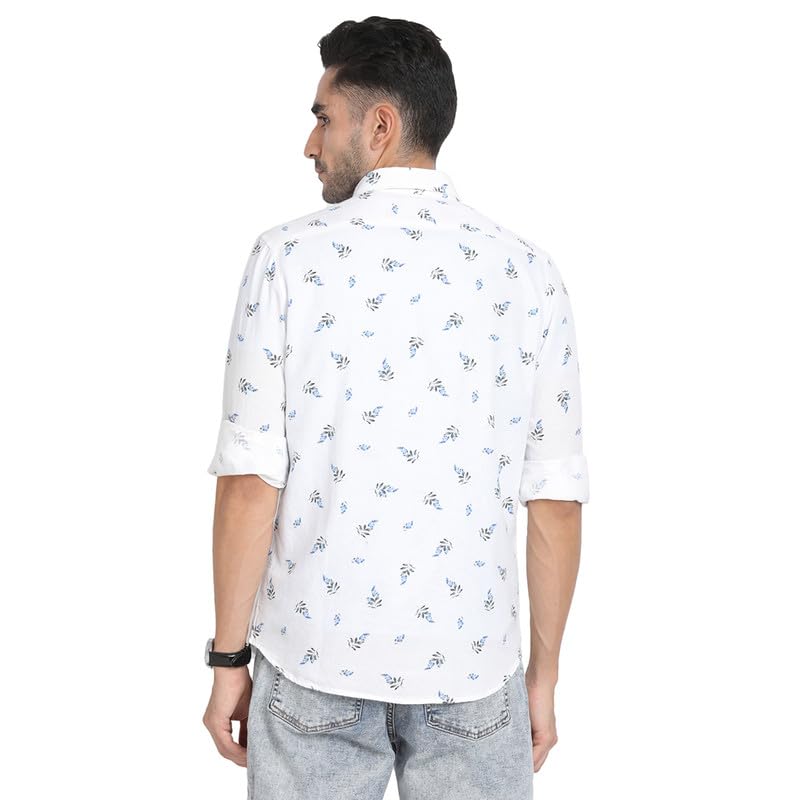 Image of Turtle Men Cotton Linen White Printed Slim Fit Full Sleeve Casual Shirt