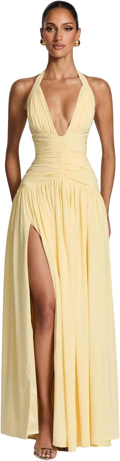 Halter Ruched Ruffles Prom Dress 2026 Deep V Neck Ruffles Evening Party Gowns with Slit ZU142