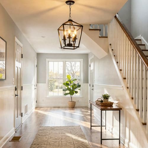 Image of Farmhouse Lantern Chandelier 4-Light, Industrial Black Ceiling Light Fixture with Rustic Open Cage and Adjustable Hanging Height, E12 Base for Kitchen Island, Dining Room, Entryway, Foyer