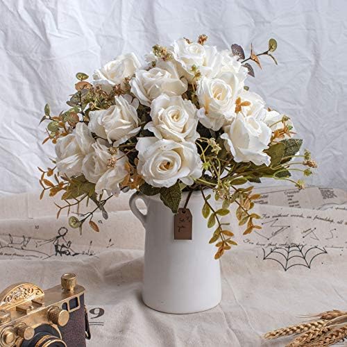 BEGONDIS Aitificial Bouquets Rose Flowers with Ceramic Vase, White Silk Fake Faux Rose Flower Arrangement for Table Centerpiece, Home Office Wedding Decoration