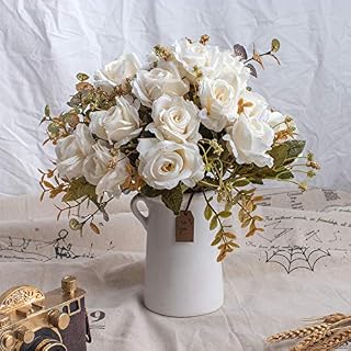BEGONDIS Aitificial Bouquets Rose Flowers with Ceramic Vase, White Silk Fake Faux Rose