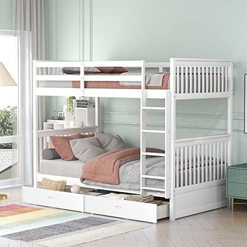 Harper & Bright Designs Twin-Over-Twin Bunk Bed with Two Storage Drawers, Solid Wood Twin Size Bunk Bed with Guardrial and Removble Ladder, Can be Converted Into 2 Separate Beds, White