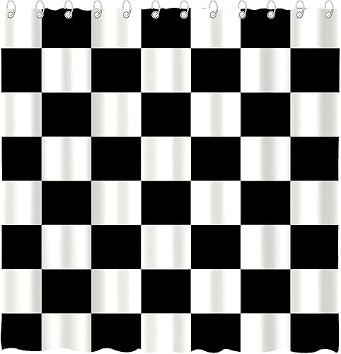 Miniatura 5 de Cortina de ducha a cuadros en blanco y negro de 72 x 72 pulgadas, bonito tablero de ajedrez retro, tema estético, decoración de baño para niños,