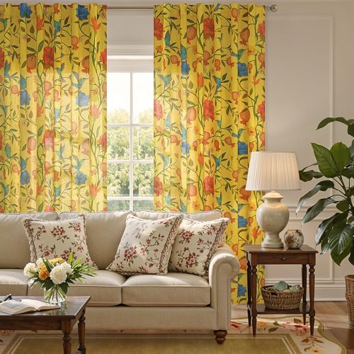 Image of JOOJA Mustard Yellow Floral Linen Curtains, Boho Whimsical Bird Print Curtains for Bedroom Window Colorful Patterned Sheer Curtains for Living Room Kitchen 2 Panels 96 Inches Long