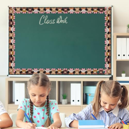 Image of Whaline 32.8 Ft Pink Bow Highland Cow Bulletin Board Border Back to School Coquette Brown Cow Die-Cut Border Trim for Chalkboard Wall Decoration