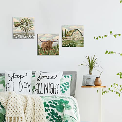 Lyerartork Vintage Farmhouse Canvas Wall Art Rustic Farm Windmill Barn Bull Pictures Giclee Retro Rural Scenery Painting Still Life Artwork For Bathroom Decor Ready To Hang 12X12Inch Each Piece(Small) #TOP3