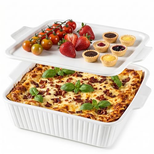 Dizada 10' Square Casserole Dish with Lid - 2-in-1 Porcelain Baking Dish 2.6 Qt, Oven to Table...