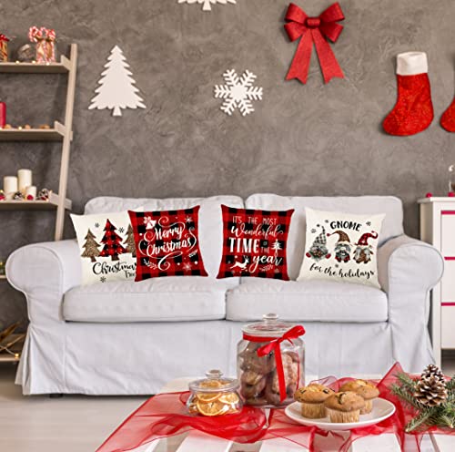 Christmas Throw Pillow Covers 18X18 Set Of 4, Decorative Farmhouse Buffalo Plaid Christmas Tree Gnomes Pillow Covers Holiday Winter Pillow Cushion Case Christmas Decorations For Sofa Couch Bedroom #TOP3