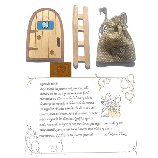 Puerta Ratoncito Pérez mágica con Carta, Escalera y Bolsita Para Diente de Leche. Regalo original niño niña Ratón Pérez. Hecho a mano en España